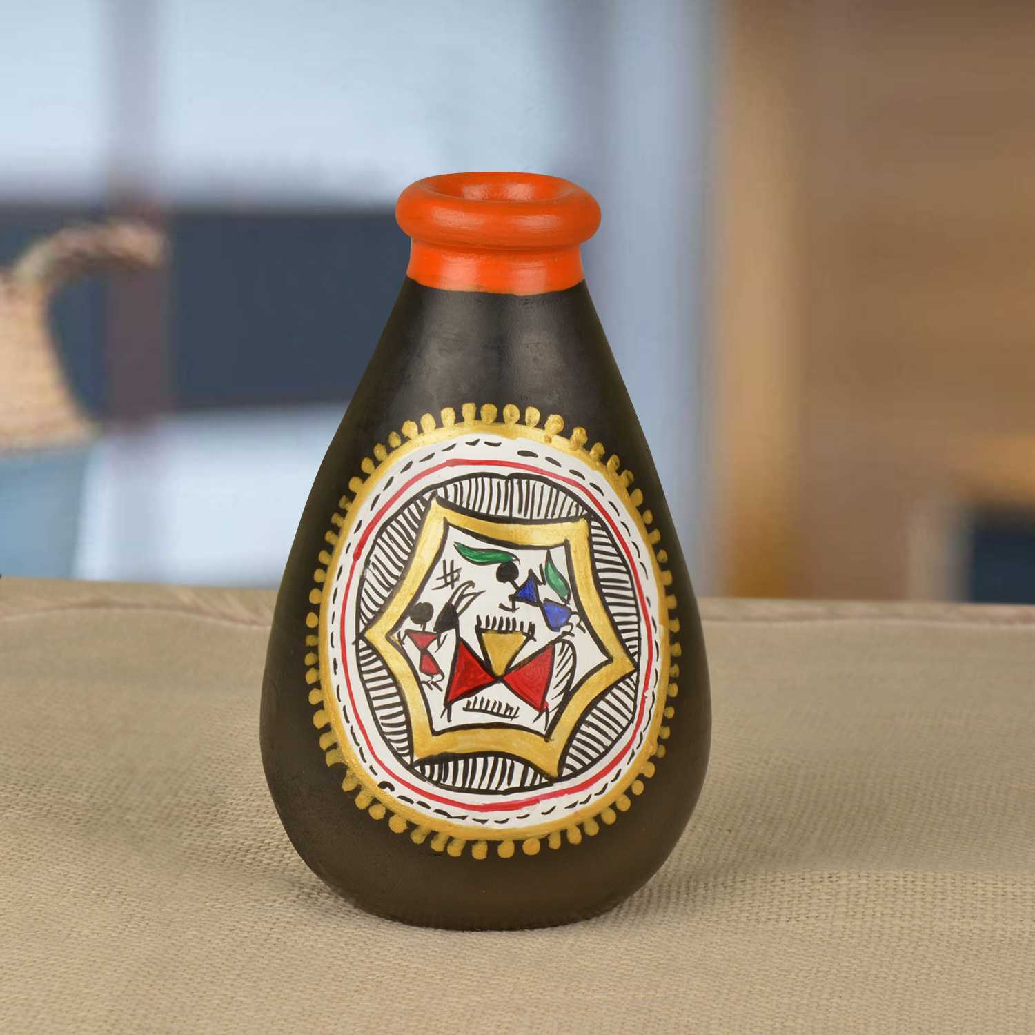 Terracotta Handpainted Flower Vase ( Diameter - 8 cm , Height - 15 cm, Black)