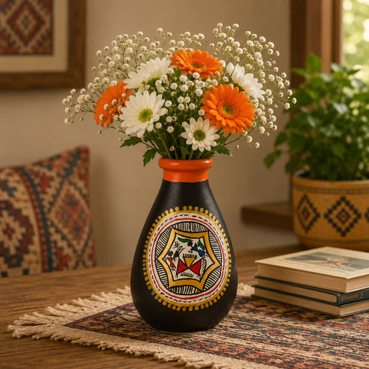 Terracotta Handpainted Flower Vase ( Diameter - 8 cm , Height - 15 cm, Black)