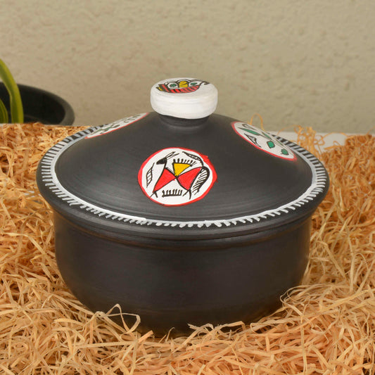 Handpainted Earthenware Clay Donga / Pot with Lid for Cooking / Serving ( Black , 1000 ml)