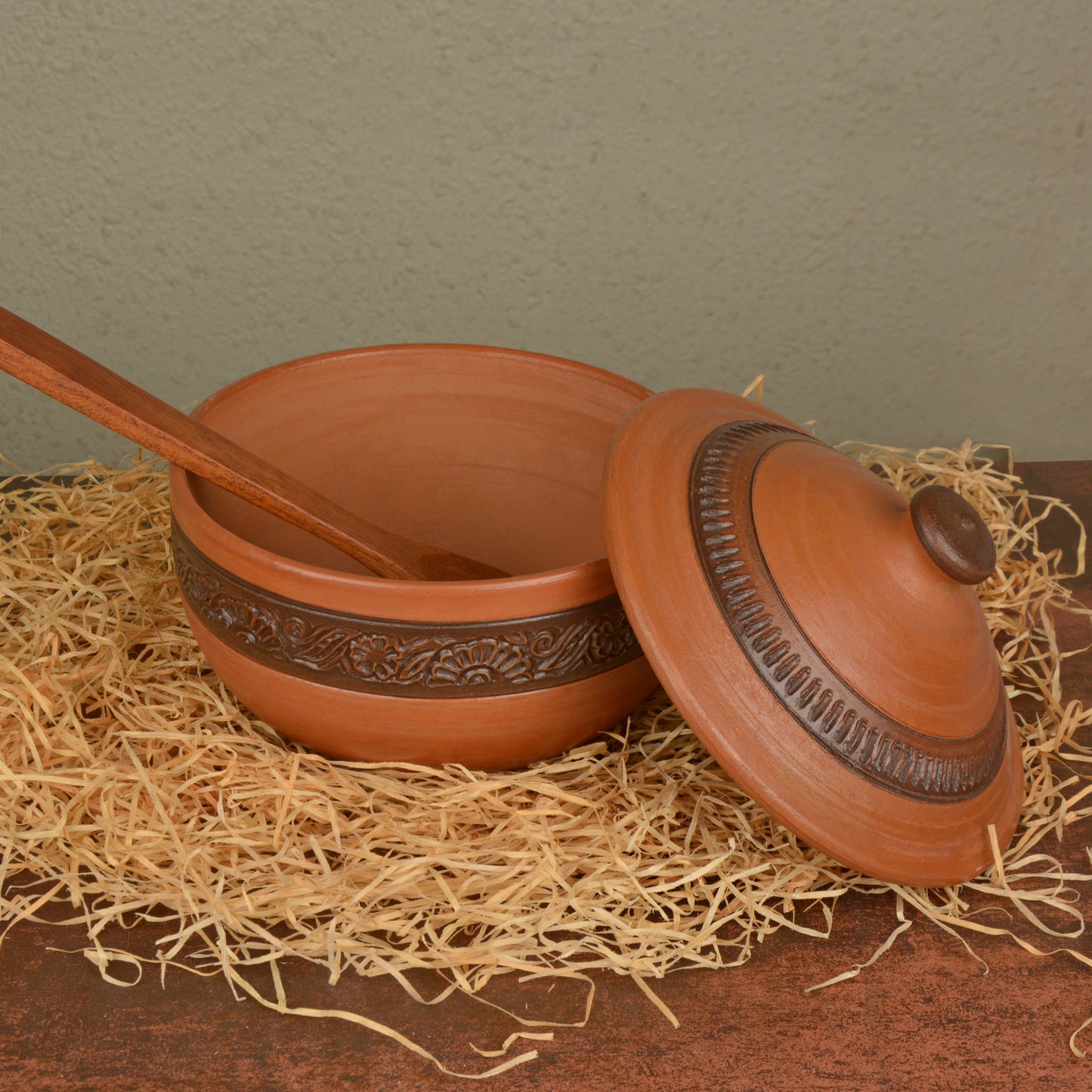 Handcrafted Ornately Designed Earthenware Serving Bowl with Lid ( Brown, 1.20 Litre) - View 3