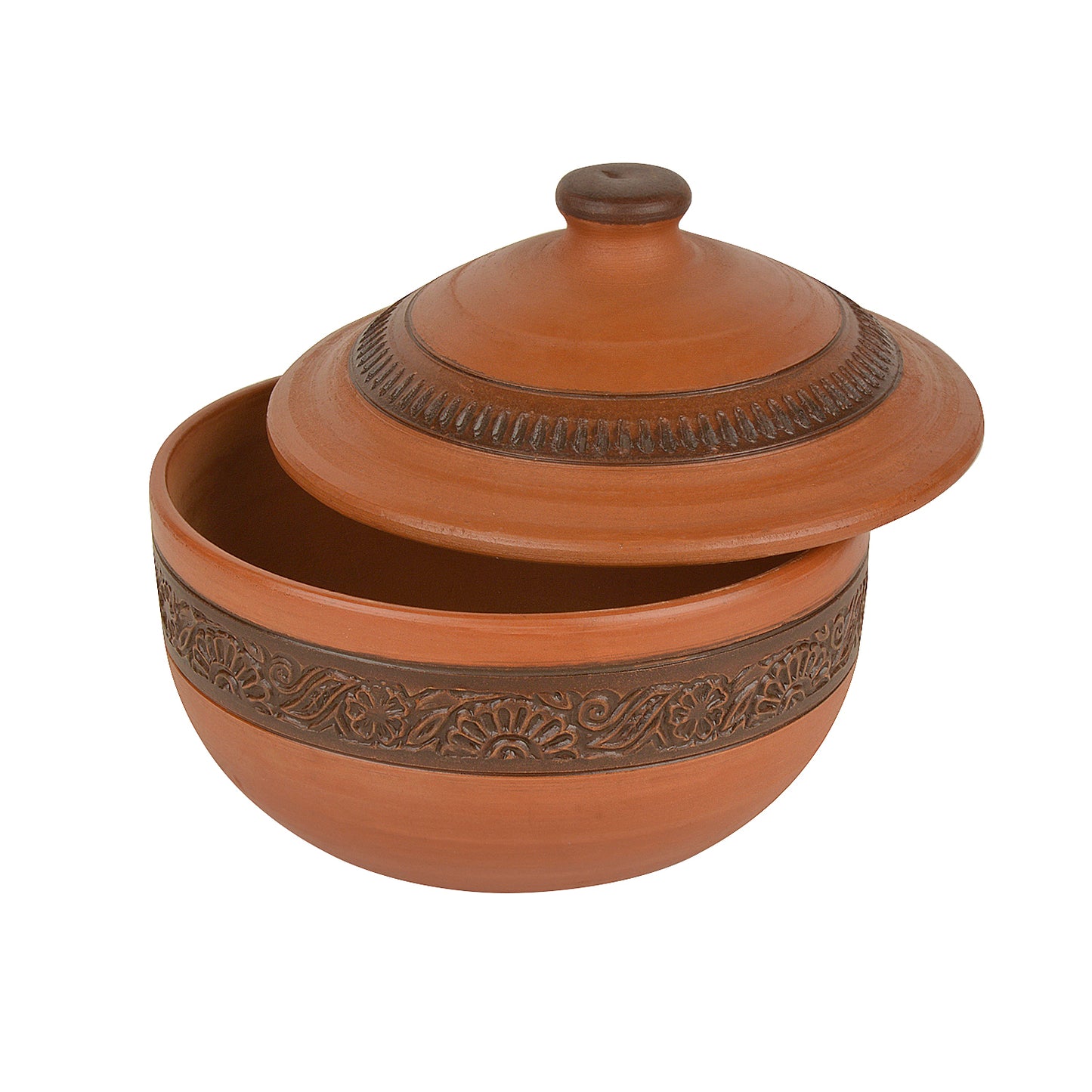 Handcrafted Ornately Designed Earthenware Serving Bowl with Lid ( Brown, 1.20 Litre) - View 4