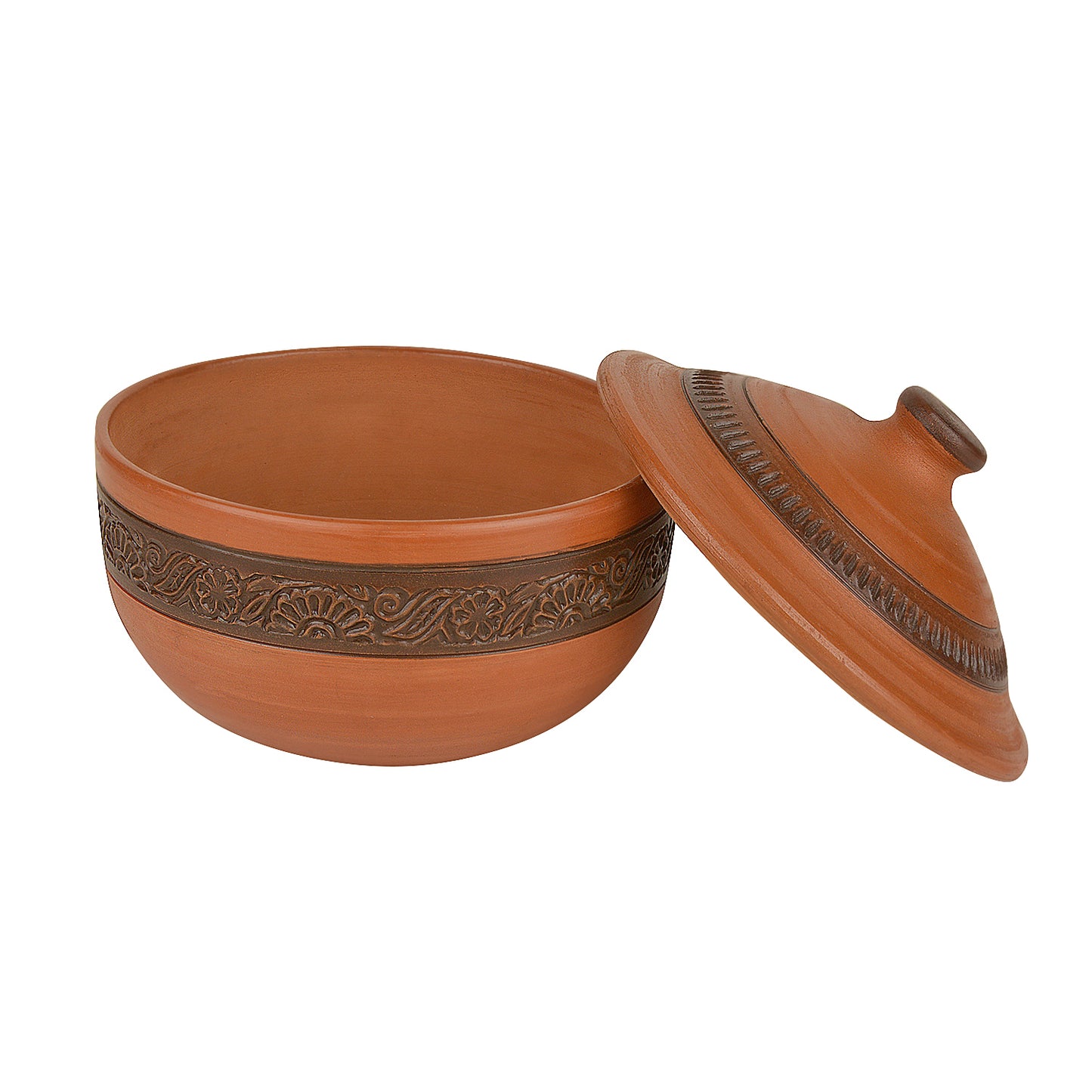 Handcrafted Ornately Designed Earthenware Serving Bowl with Lid ( Brown, 1.20 Litre) - View 5