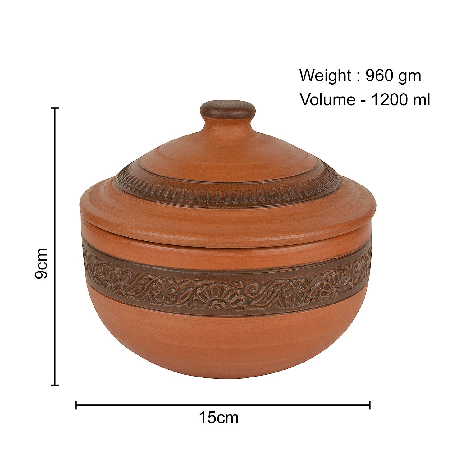 Handcrafted Ornately Designed Earthenware Serving Bowl with Lid ( Brown, 1.20 Litre) - View 2