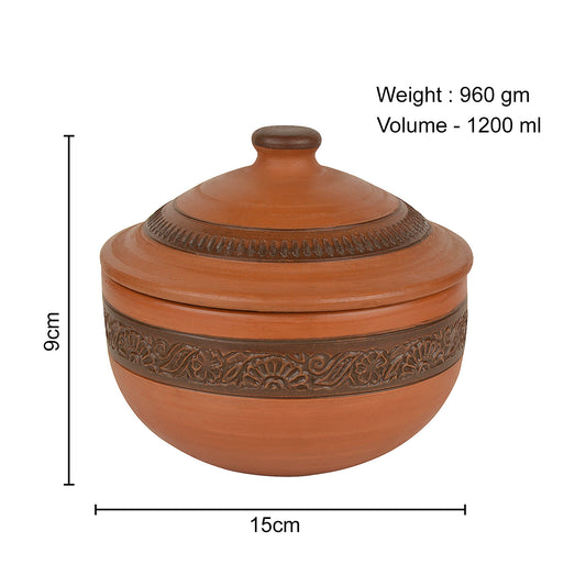 Handcrafted Ornately Designed Earthenware Serving Bowl with Lid ( Brown, 1.20 Litre) - View 2