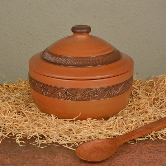 Handcrafted Ornately Designed Earthenware Bowl with Lid ( Brown, 1.80 Litre)