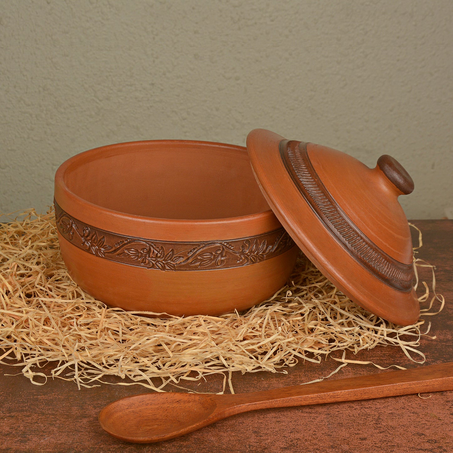Handcrafted Ornately Designed Earthenware Bowl with Lid ( Brown, 1.80 Litre) - View 3