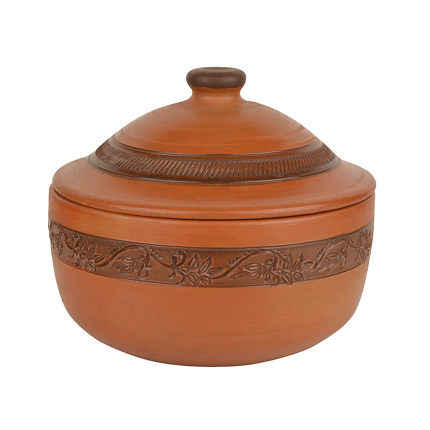 Handcrafted Ornately Designed Earthenware Bowl with Lid ( Brown, 1.80 Litre) - View 4