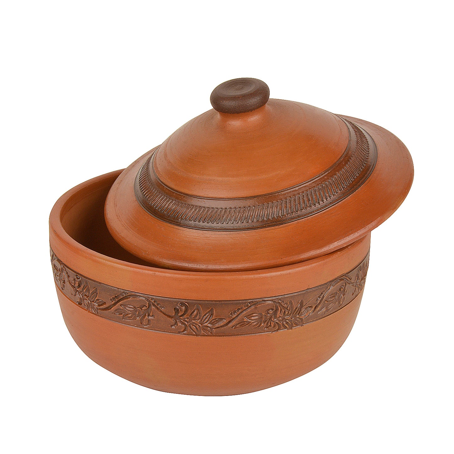 Handcrafted Ornately Designed Earthenware Bowl with Lid ( Brown, 1.80 Litre) - View 6