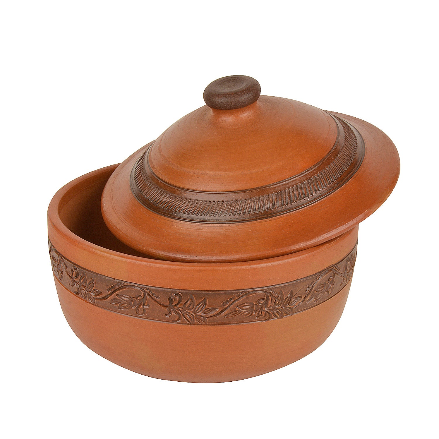 Handcrafted Ornately Designed Earthenware Bowl with Lid ( Brown, 1.80 Litre) - View 6