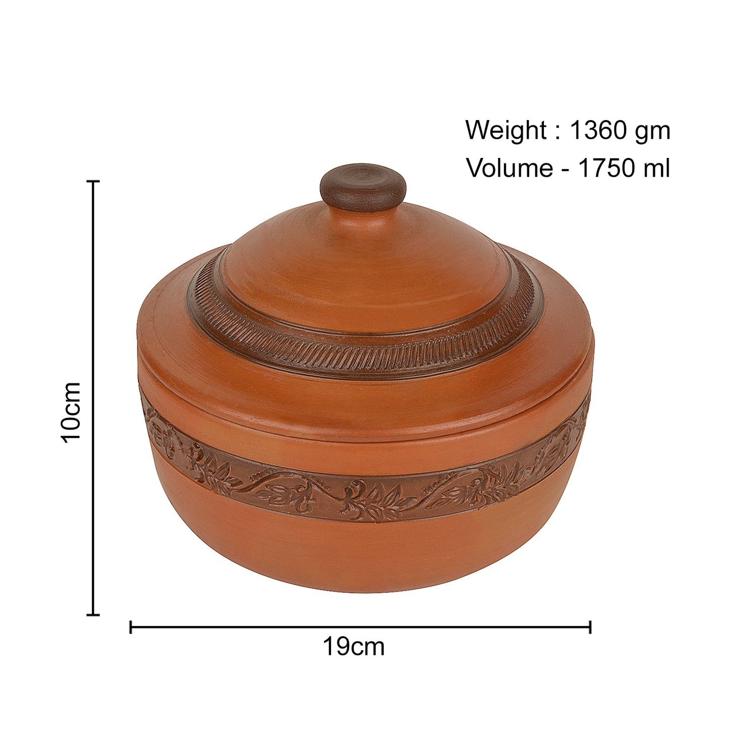 Handcrafted Ornately Designed Earthenware Bowl with Lid ( Brown, 1.80 Litre) - View 2