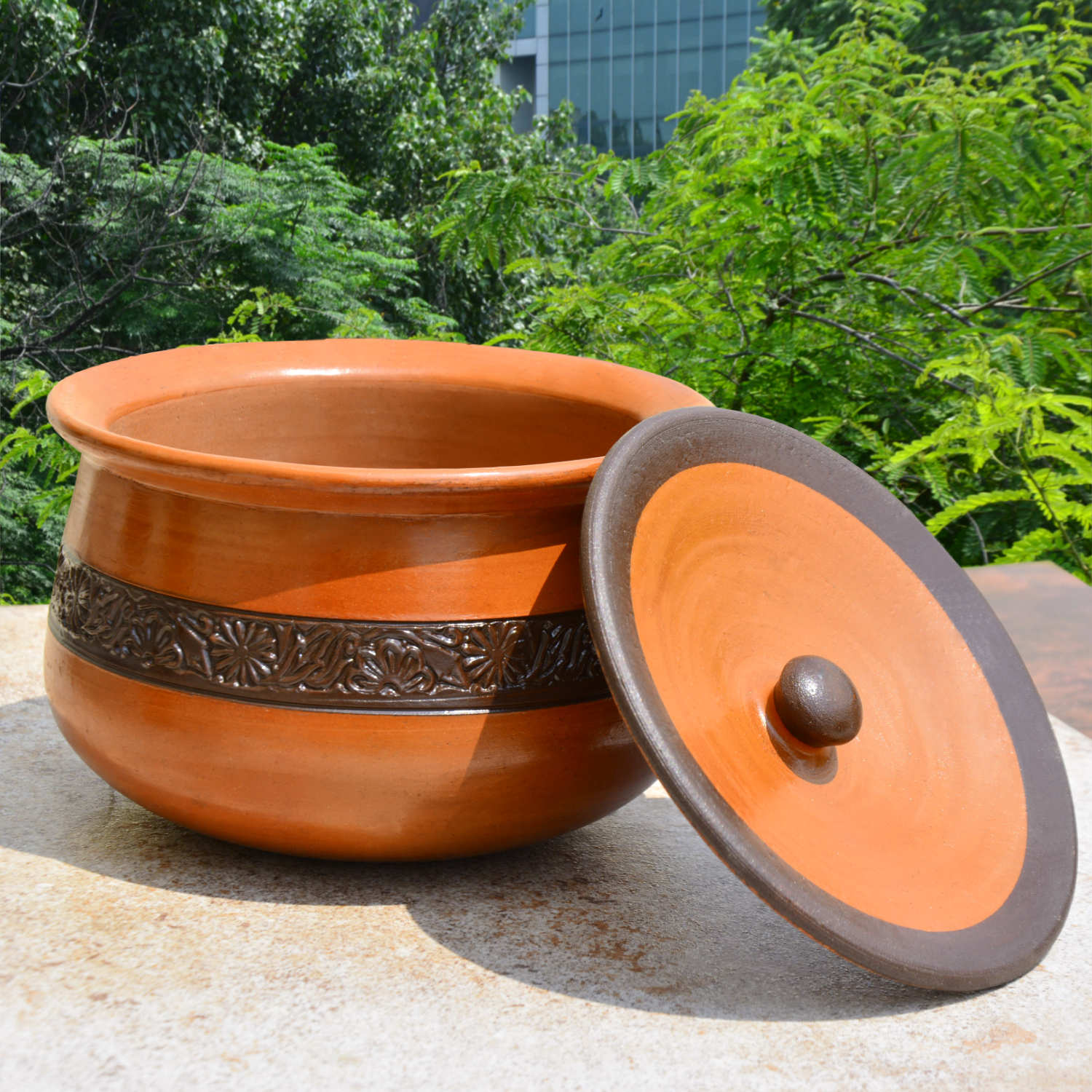 Handcrafted Ornately Designed Earthenware Handi with Lid (Brown, 1.5 Litre) - View 3