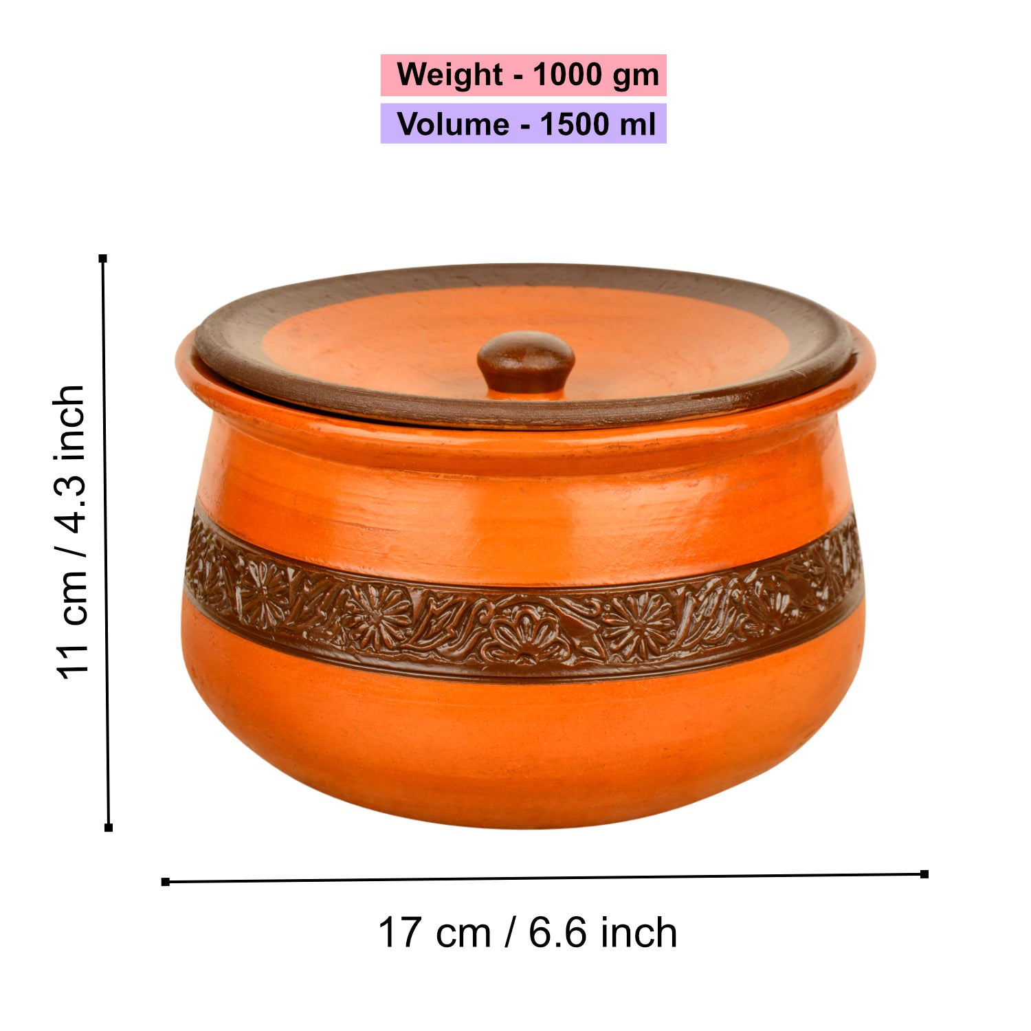 Handcrafted Ornately Designed Earthenware Handi with Lid (Brown, 1.5 Litre) - View 2