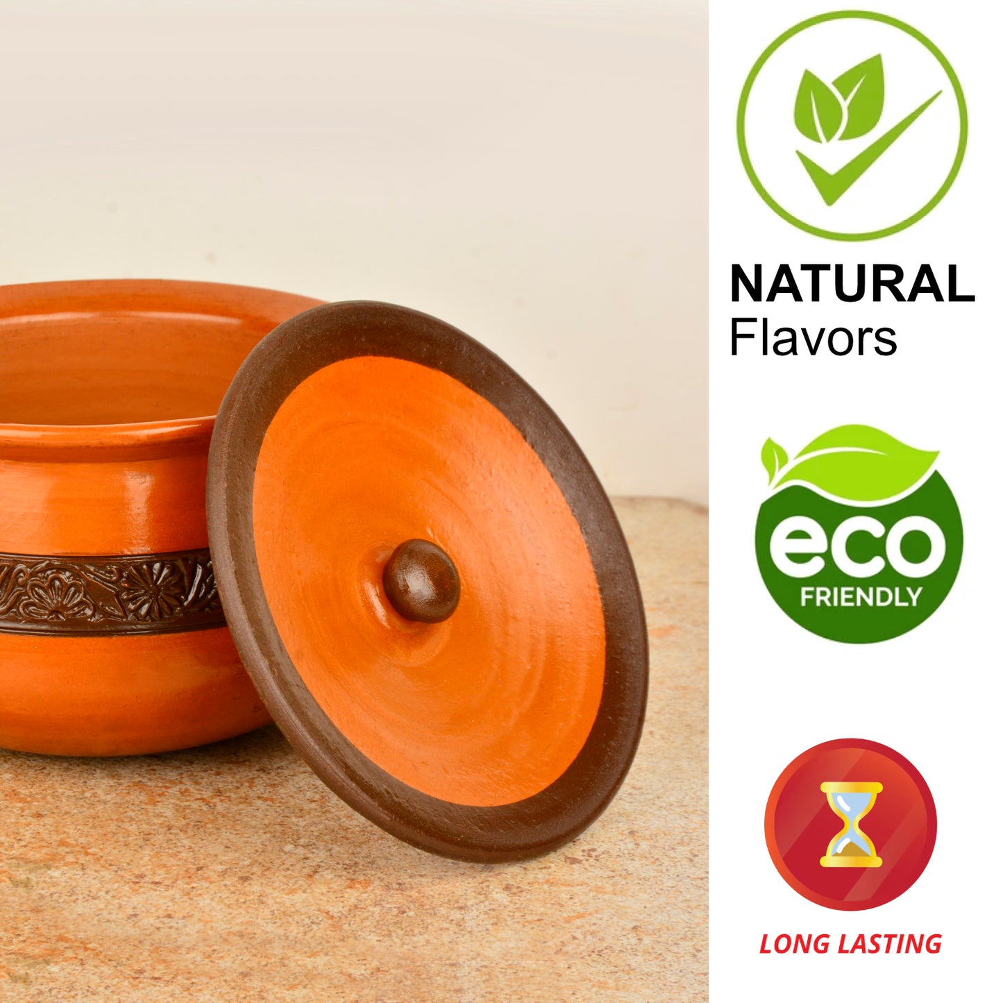 Handcrafted Ornately Designed Earthenware Handi with Lid (Brown, 1.5 Litre) - View 5