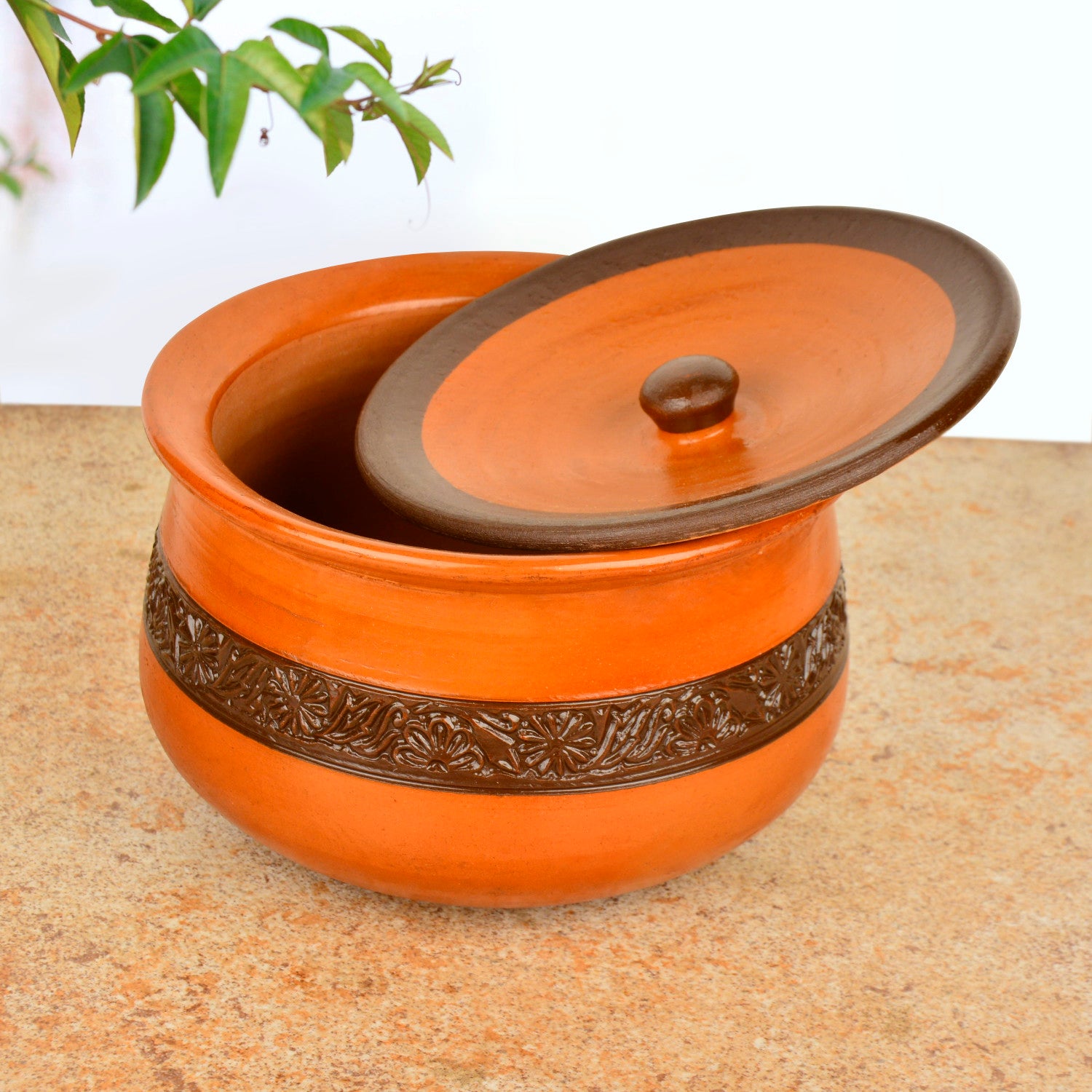 Handcrafted Ornately Designed Earthenware Handi with Lid (Brown, 1.5 Litre) - View 6