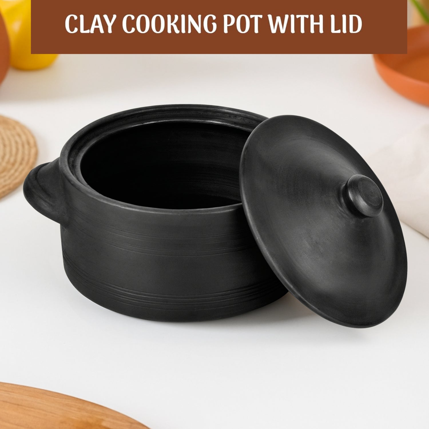 Black Clay Casserole with Lid and Handle for Cooking and Serving (2 Litre) - View 3
