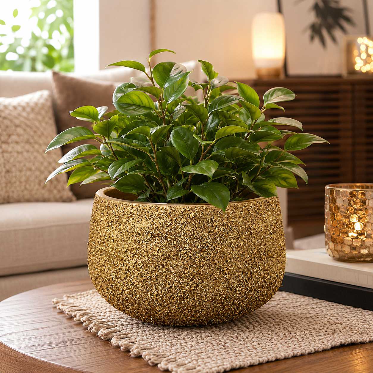 Gold Textured Terracotta Planter Pot with Drain Hole