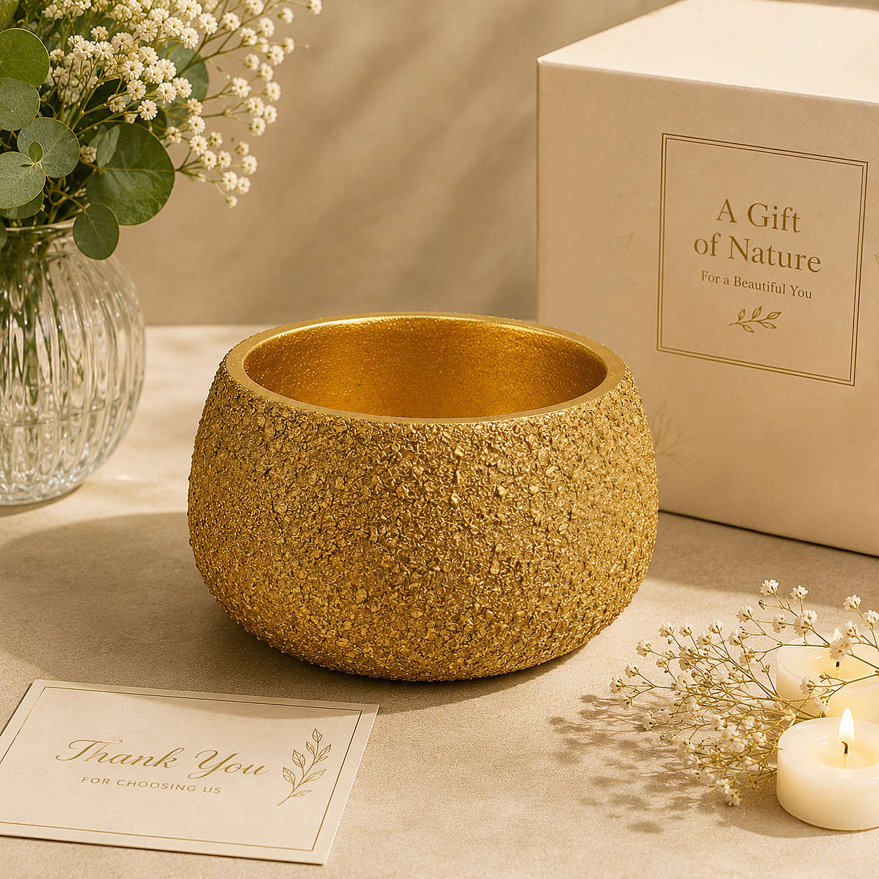 Gold Textured Terracotta Planter Pot with Drain Hole