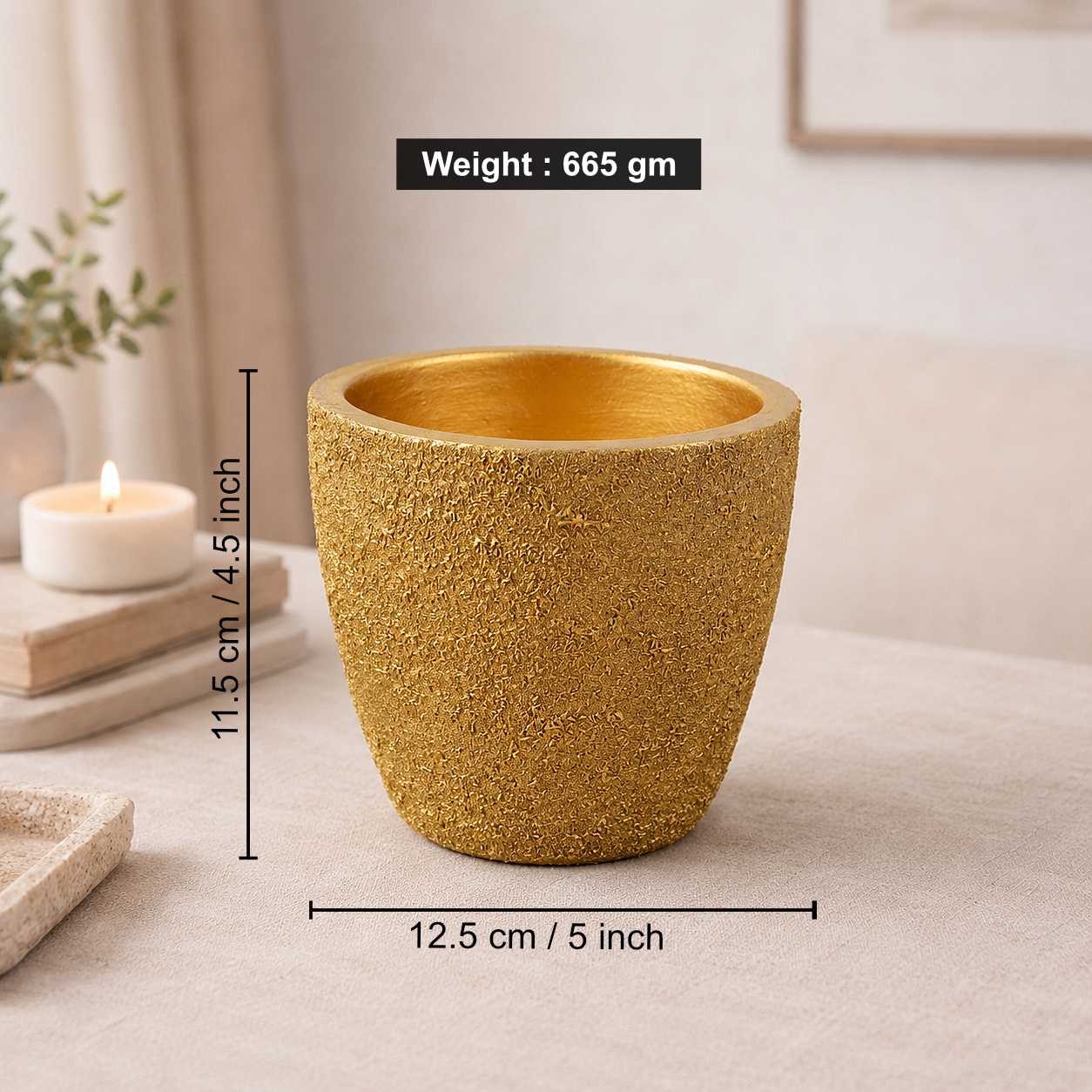 Gold Textured Terracotta Planter Pot with Drain Hole