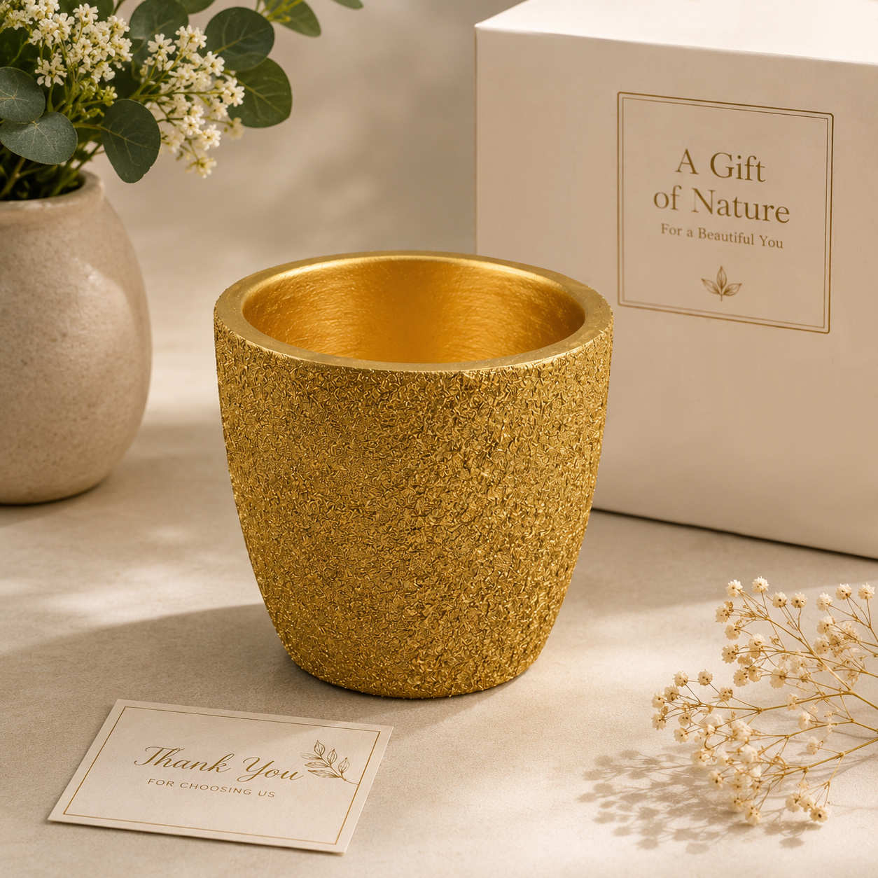 Gold Textured Terracotta Planter Pot with Drain Hole
