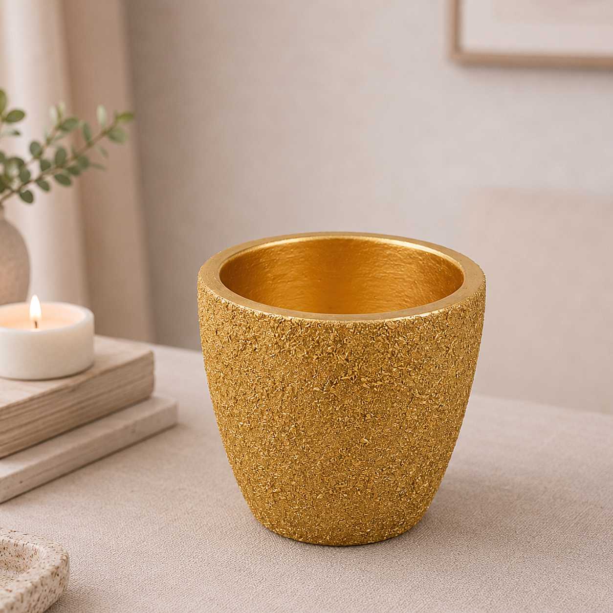 Gold Textured Terracotta Planter Pot with Drain Hole