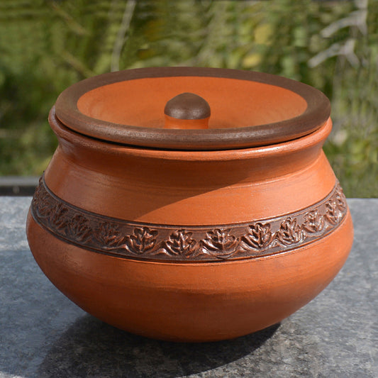Handcrafted Ornately Designed Earthenware Handi with Lid ( Brown , 1.25 Litre)