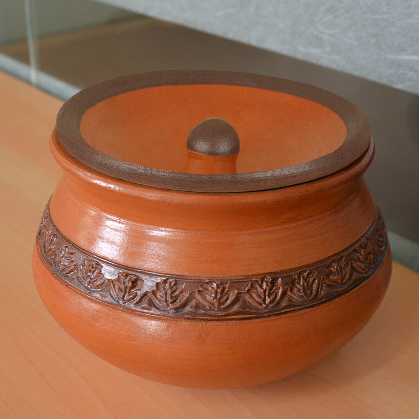 Handcrafted Ornately Designed Earthenware Handi with Lid ( Brown , 1.25 Litre) - View 3