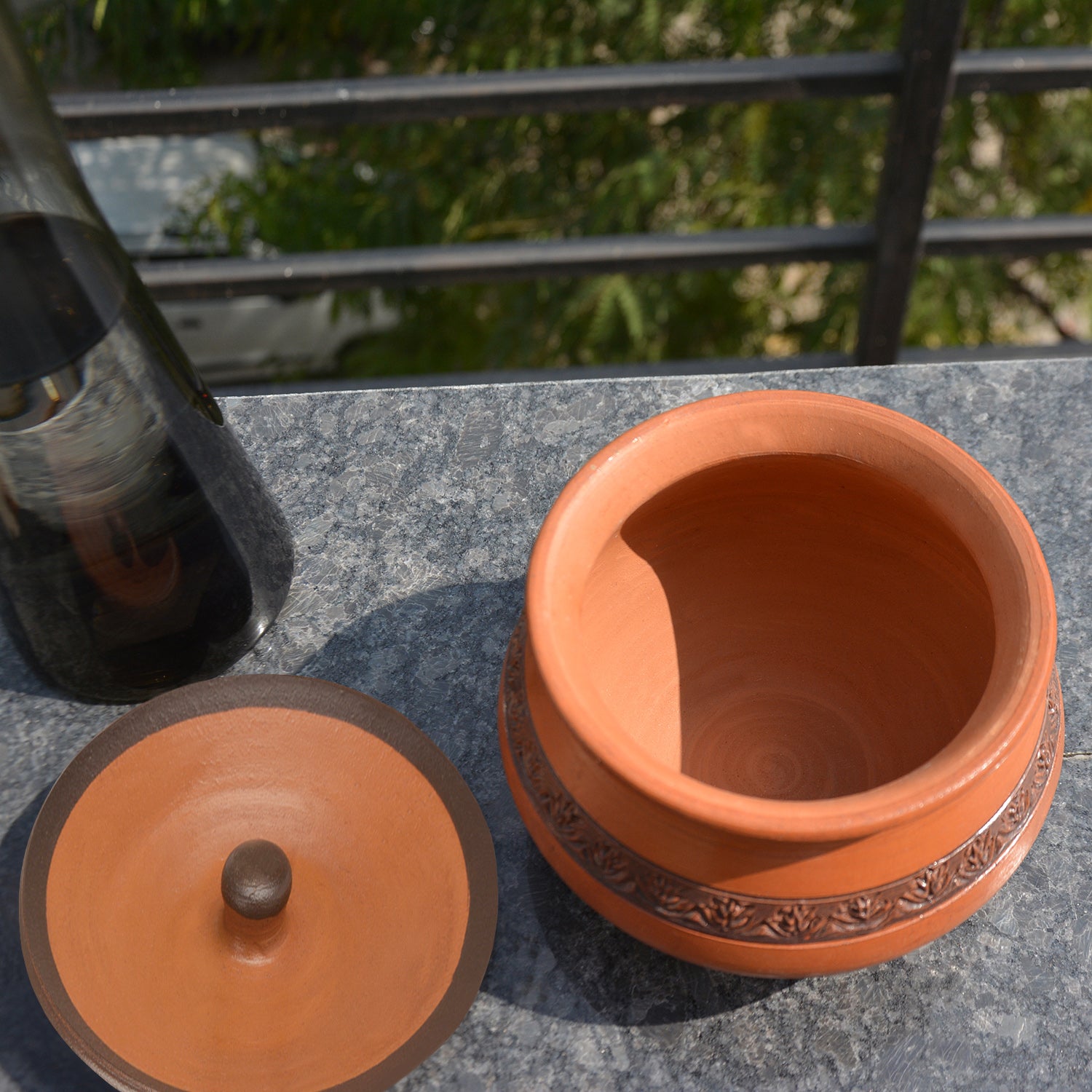 Handcrafted Ornately Designed Earthenware Handi with Lid ( Brown , 1.25 Litre) - View 4