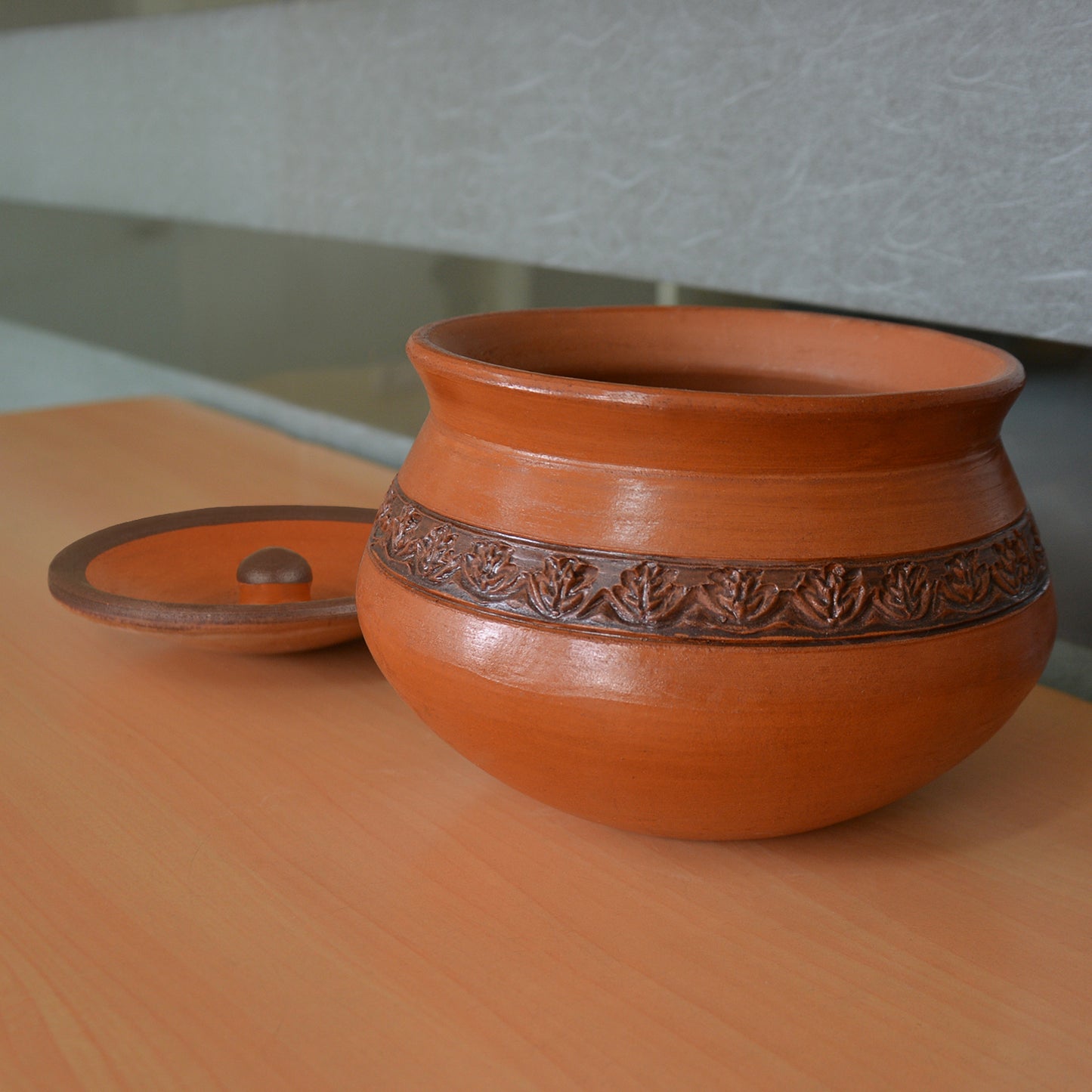 Handcrafted Ornately Designed Earthenware Handi with Lid ( Brown , 1.25 Litre) - View 5