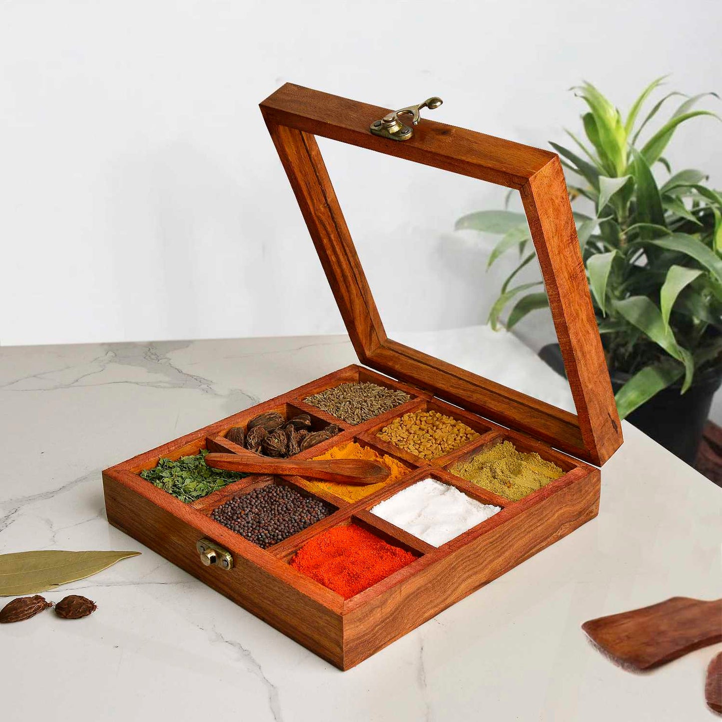 Sheesham Wood Spice Box with Spoon for Kitchen with 9 Partitions, Compartments (8 x 8 x 2 inches, Brown)