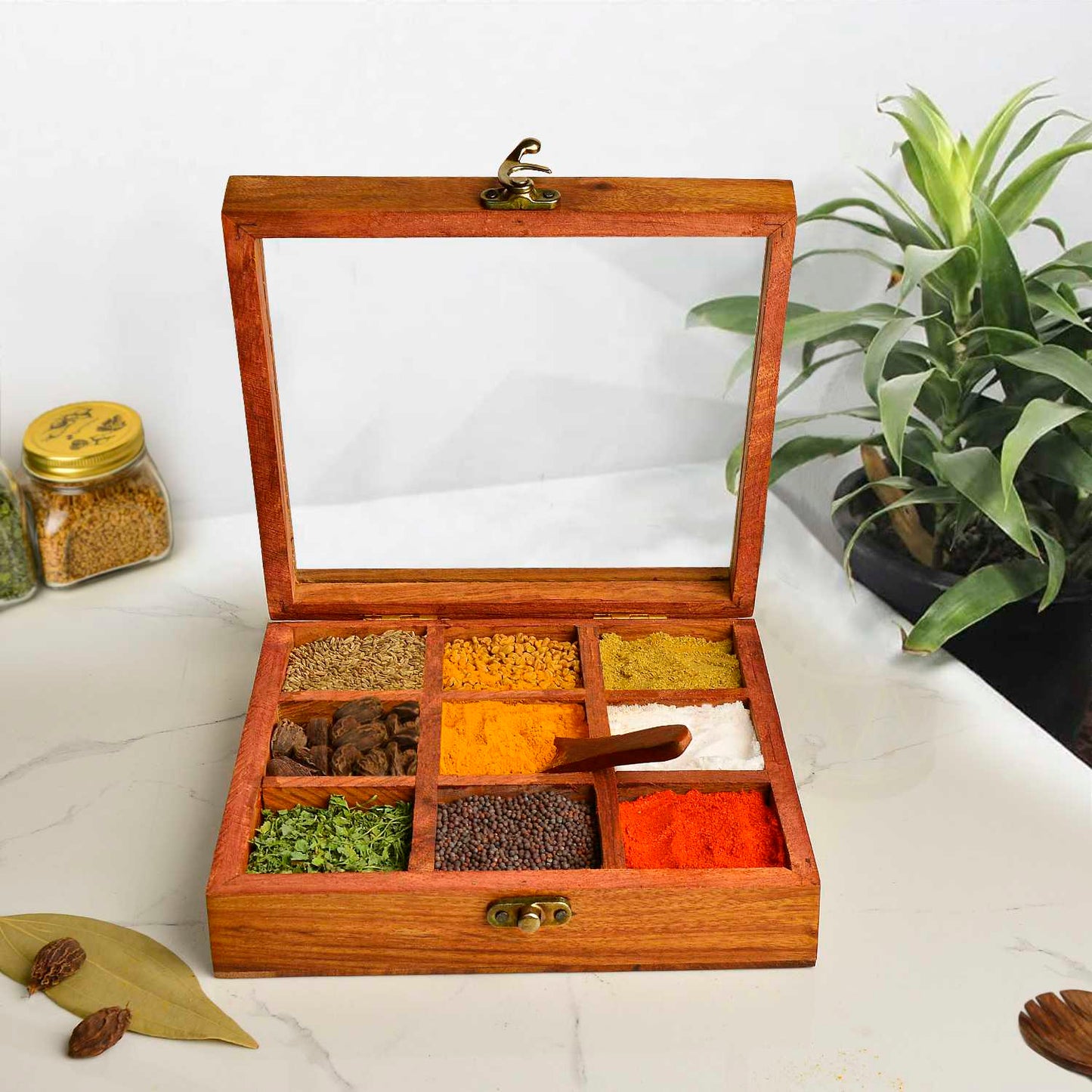 Sheesham Wood Spice Box with Spoon for Kitchen with 9 Partitions, Compartments (8 x 8 x 2 inches, Brown) - View 3