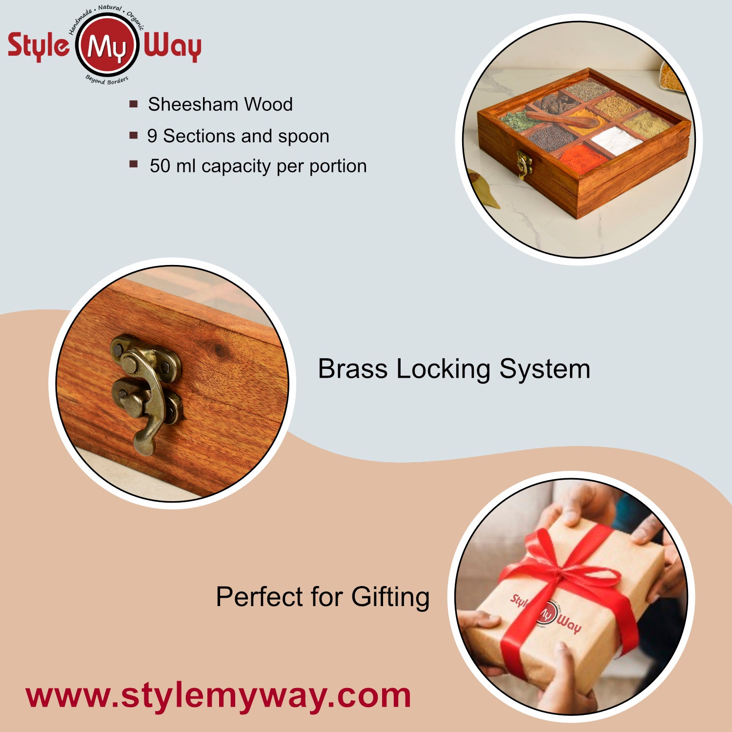 Sheesham Wood Spice Box with Spoon for Kitchen with 9 Partitions, Compartments (8 x 8 x 2 inches, Brown) - View 6