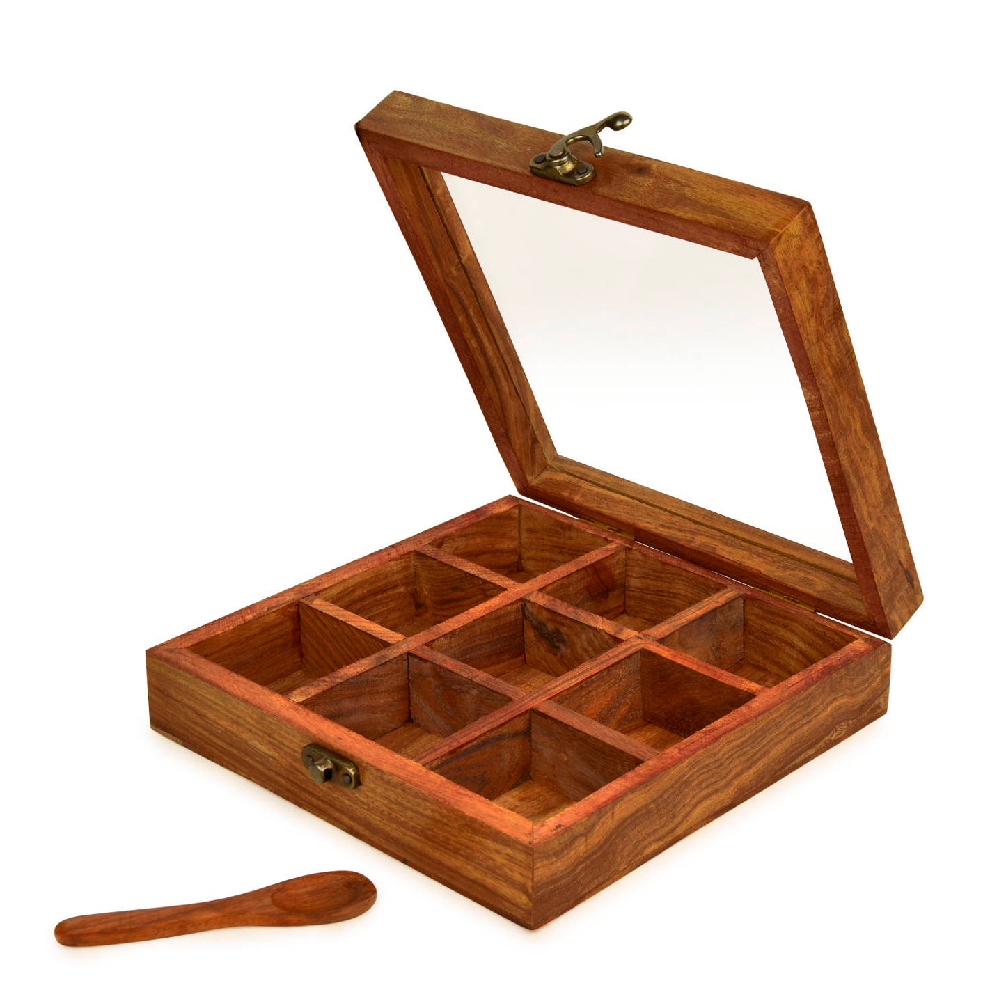 Sheesham Wood Spice Box with Spoon for Kitchen with 9 Partitions, Compartments (8 x 8 x 2 inches, Brown) - View 7
