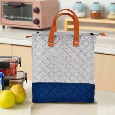 Velvet Lunch Bag (28 x 25 x 14 cm, Grey & Blue, Waterproof) | Tiffin Bag for Office, School, College with Smooth Quilted Velvet Exterior & Inner Waterproof Lining | Ideal Gift