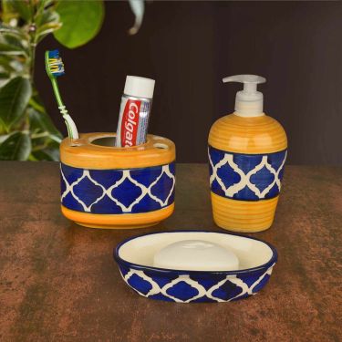 Handpainted Ceramic Bathroom Set (Liquid Soap / Shampoo Dispenser, Soap Tray, Toothbrush Stand, Blue and Yellow ) | 3 Piece Bathroom Set