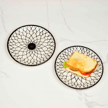 Hand Painted Black and White Spiral Ceramic Quarter Plates (7 inches, Set of 2) | Dishwasher Safe Small Side Plates | Microwave Safe Snack Plates for Party