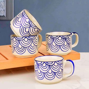 Hand Painted Blue Spiral Ceramic Cups (Set of 4, Blue, 150 ml)