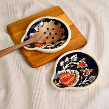 Hand Painted Round Big Ceramic Spoon Rest Combo for Kitchen, Dining Table (Set of 2, Blue, L x B - 14.5 x 12.5 cm)