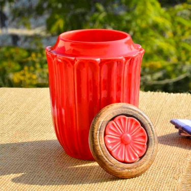 Hand Glazed Multi Utility Storage Airtight Ceramic Jar with Wooden Lid (1000 ml, Peach) | Airtight Ceramic Kitchen Canister | Cookie Jar | Pickle Storage Container | Burni