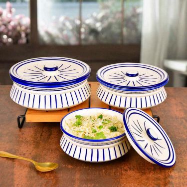 Hand Painted Ceramic Handi with Lid (Set of 3, 1500 ml, 1000 ml and 700 ml, White & Blue) | Dinner Serving Set | Serving Pots | Biryani Handis | Gift Pack