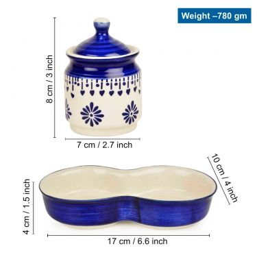 Hand Painted Ceramic Pickle Jar Set with Tray (Set of 2, Blue and White, 250 ml each) | Condiment Set | Masala Container | Pickle and Chutney Jar Set for Dining Table