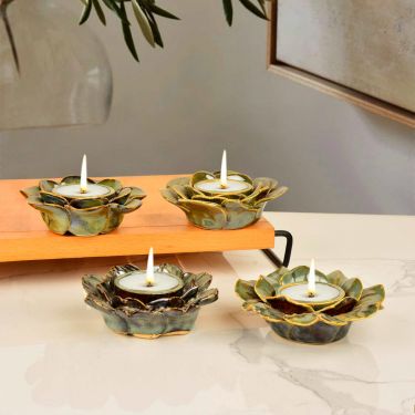 Premium Handmade Flower Shaped Ceramic Tea Light Holder for Home Decoration (Dove Blue, Set of 4) | Handmade Home Decor Items