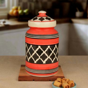 Hand-Painted Ceramic Jar (Burni) with Lid (3000 ml, Red and Black) | Ceramic Multi-Utility Kitchen Storage Jar & Container for Pickle | Achar Barni