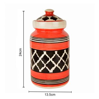 Hand-Painted Ceramic Jar (Burni) with Lid (3000 ml, Red and Black) | Ceramic Multi-Utility Kitchen Storage Jar & Container for Pickle | Achar Barni