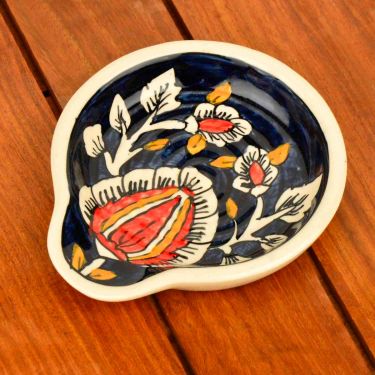 Hand Painted Round Big Ceramic Spoon Rest for Kitchen, Dining Table (Blue, L x B - 14.5 x 12.5 cm)