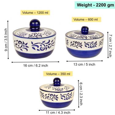 Hand Painted Ceramic Serving Donga with Lid (Set of 3, Blue, 1200 ml, 600 ml, 350 ml) | Dinner Serving Casseole Set | Dinner Serving Bowls with Lid