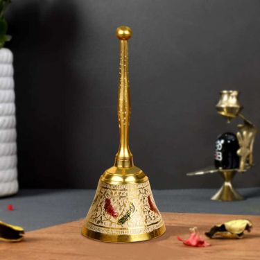 Brass Pooja Minakari Work Bell with Handle (Diameter - 6 cm, Height - 15 cm, 165 gm) | Brass Puja Ghanti