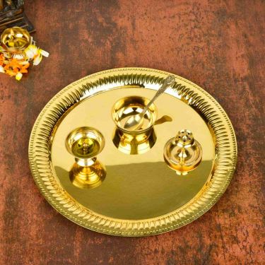 Premium Pure Brass Traditional Pooja Thali Set (Diameter – 30 cm, Weight – 525 gm, Thali, Diya, Agardan, Katori, Spoon) | Puja Thali Set for Home/Office