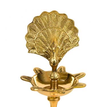 Premium Brass Dancing Peacock Standing Diya (Height – 14 Inches, 760 gm) | Inauguration Diya | Traditional Standing Oil Puja Lamp | Panchmukhi Deepak | Kerala Brass Lamp