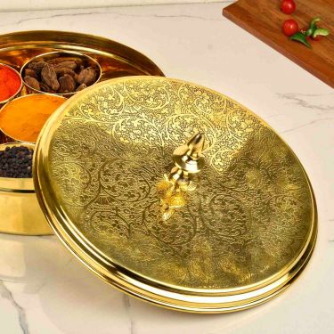 Premium Pure Brass Floral Etched Indian Spice Box for Kitchen with Spoon (7 Containers, 120 ml each, Golden Color, Diameter - 8 inches, Weight - 960 gm) | Peetal Masala Dani, Masala Dabba