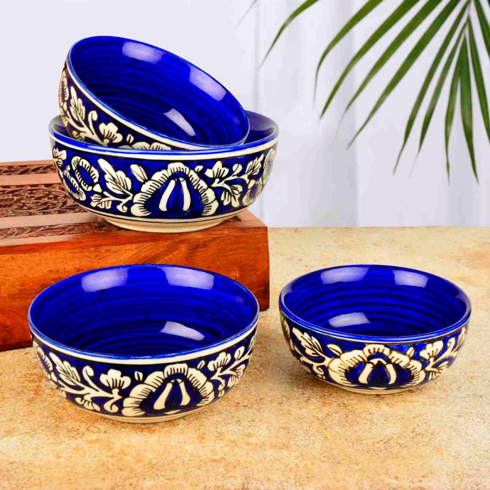 Studio Pottery Handpainted Dinner Serving Bowl Set (Set of 4, Blue